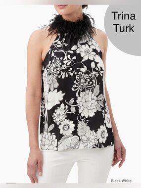 Trina Turk Grand Feather-Embellished Top, 
Black & White, Large NWT